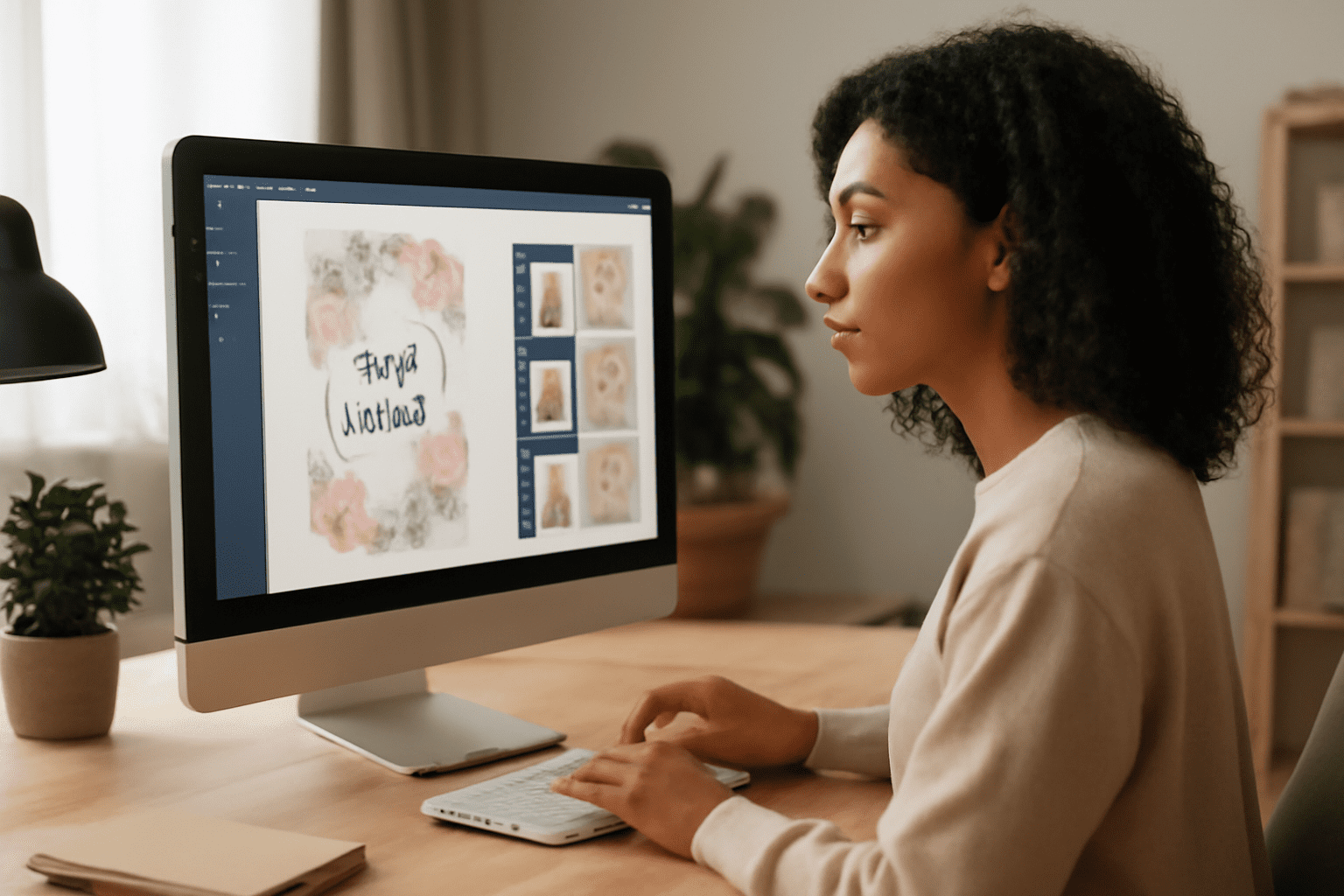 Une personne créant un faire-part digital sur un ordinateur dans un bureau moderne et confortable.
