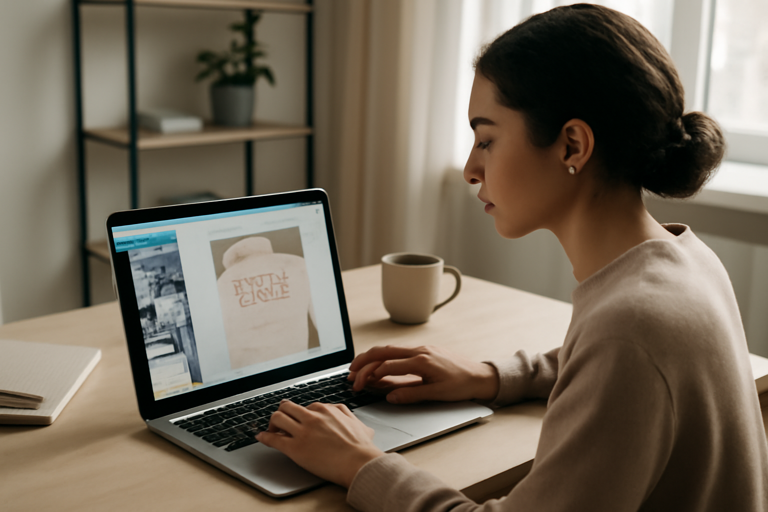 Image éditoriale d'une personne en train de créer un faire-part digital sur son ordinateur portable avec des plateformes comme Canva, Paperless Post ou Smilebox, dans un bureau à domicile moderne.