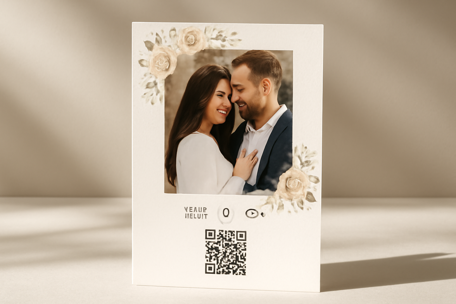 Image éditoriale d'un faire-part de mariage personnalisé avec photo de couple, pictogrammes, QR code et motifs floraux.