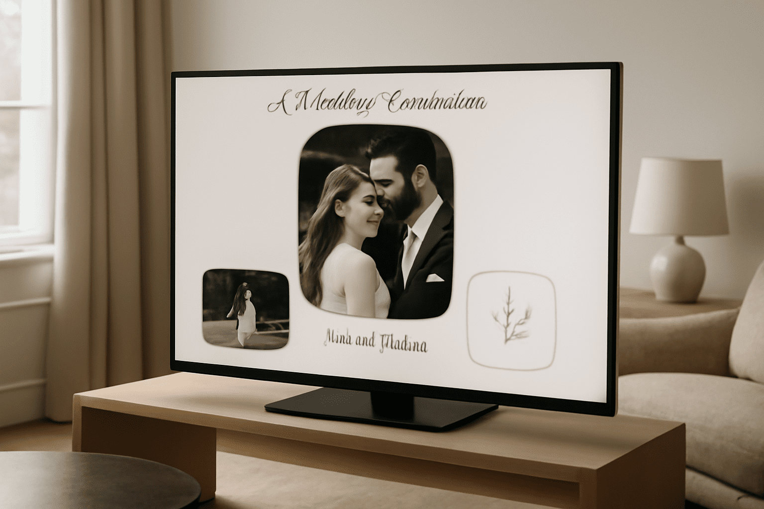 Image éditoriale d'un faire-part de mariage digital interactif montré sur un écran moderne dans un salon élégant.