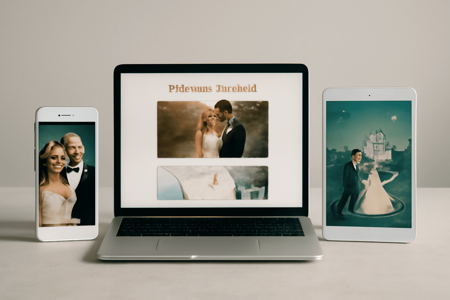 Image éditoriale illustrant des concepts de faire-part de mariage digital : vidéo témoignage, site interactif avec carte et galerie, animation conte de fées.