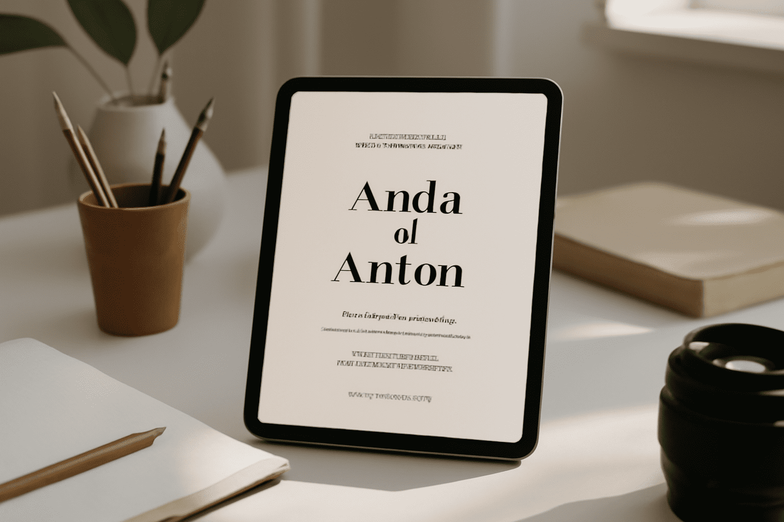 Un design créatif de faire-part de mariage digital dans un espace de travail moderne et lumineux.