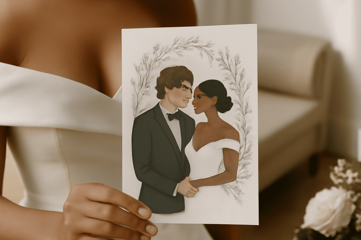 Image éditoriale d'un faire-part de mariage personnalisé reflétant le style unique d'un couple dans un cadre élégant.