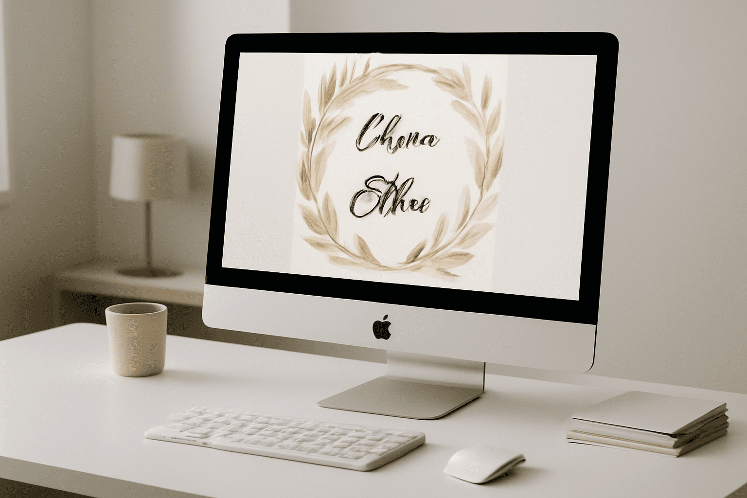 Un faire-part de mariage digital élégant affiché sur un écran d'ordinateur dans un environnement minimaliste et lumineux