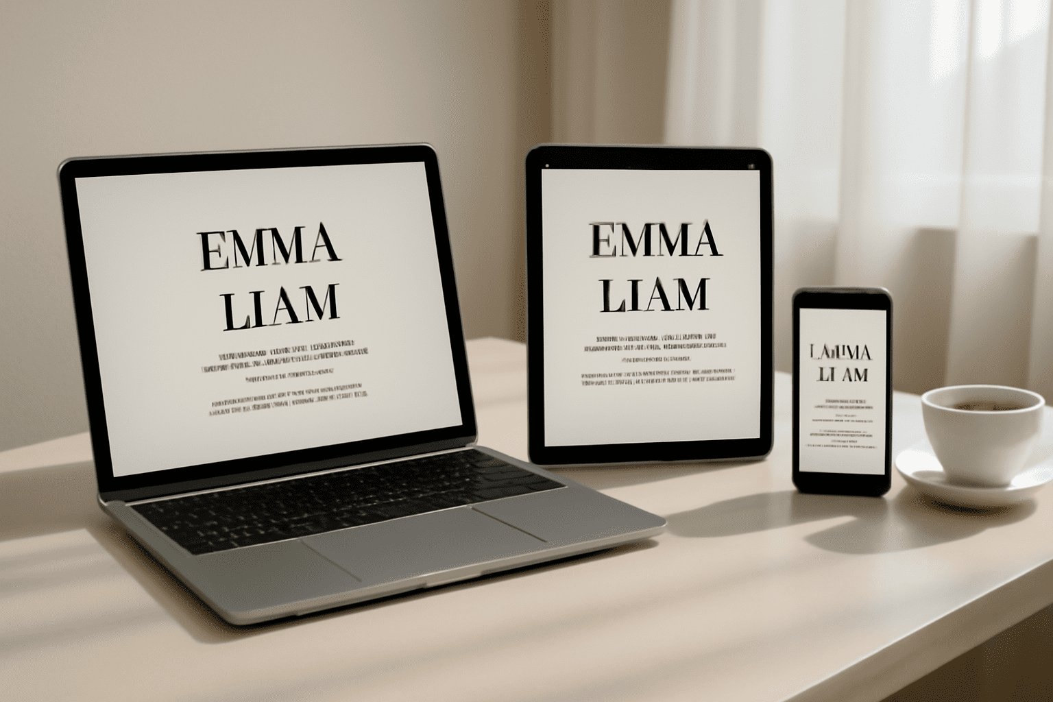 Photo montrant un smartphone, une tablette et un ordinateur portable affichant un faire-part de mariage digital, illustrant la compatibilité multi-supports des invitations en ligne.
