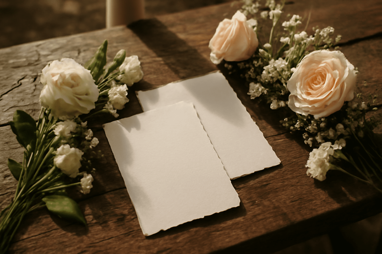 Image éditoriale de faire-part de mariage imprimés réinventés posés sur une table en bois rustique avec des décorations florales élégantes.