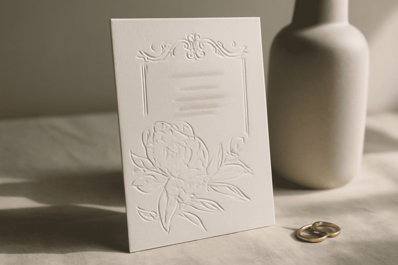 Un faire-part de mariage tactile avec détails d'embossage et d'encre dans un cadre minimaliste élégant.