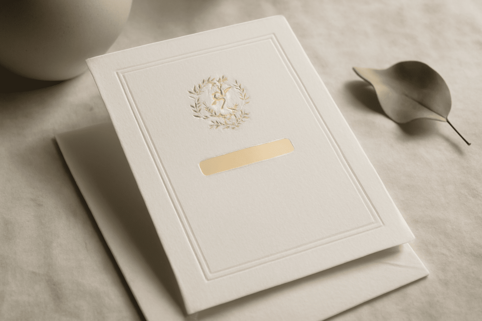 Invitation de mariage de luxe en papier texturé avec impression letterpress, gaufrage et dorure, dans un cadre élégant et naturel.