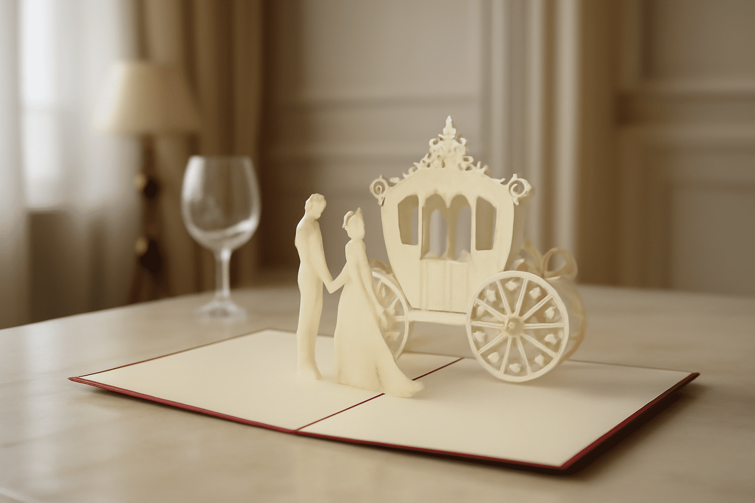 Faire-part de mariage pop-up en relief avec carrosse et silhouettes dans un cadre élégant.