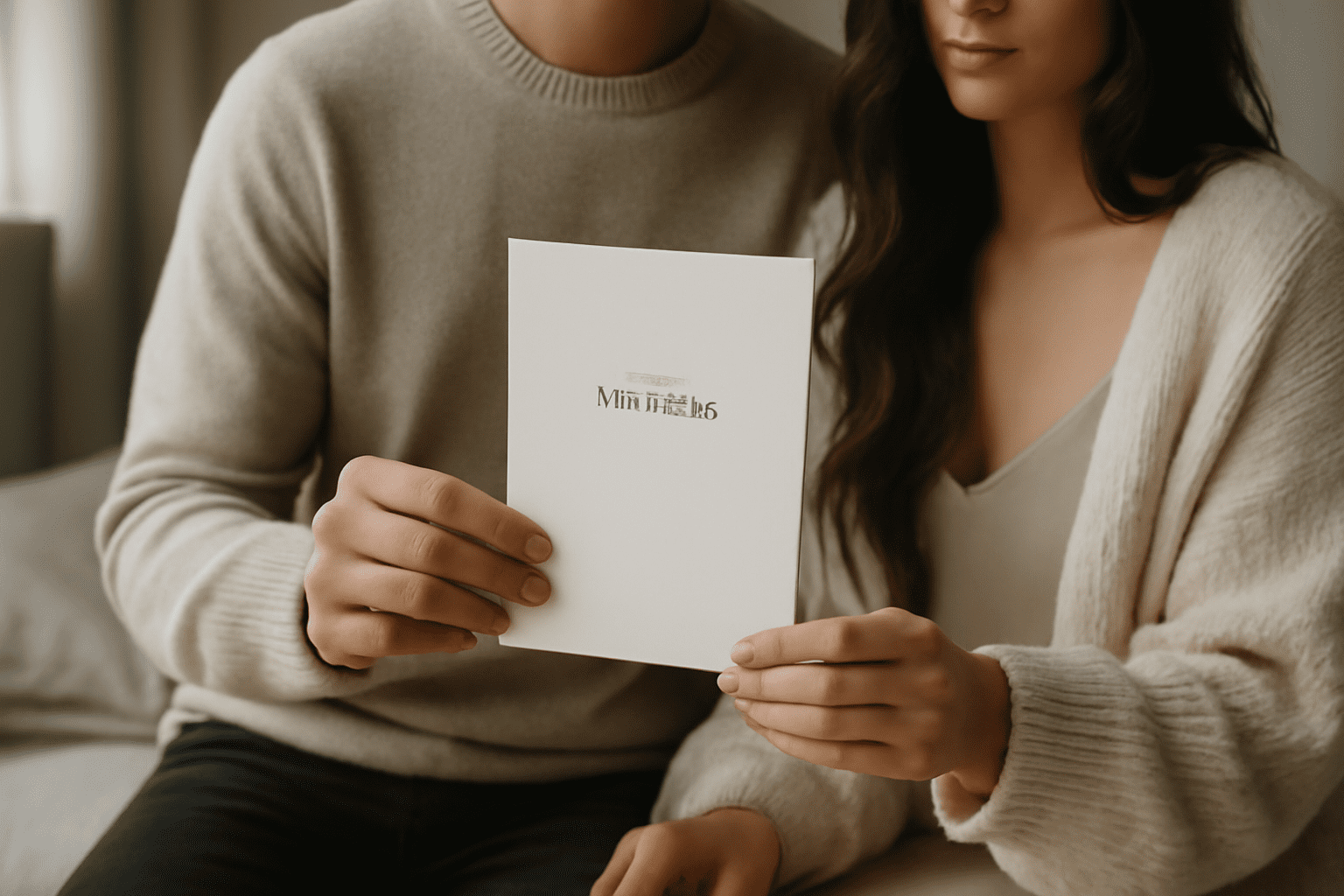 Une invitation de mariage imprimée tenue délicatement par un couple dans un cadre de maison chaleureux