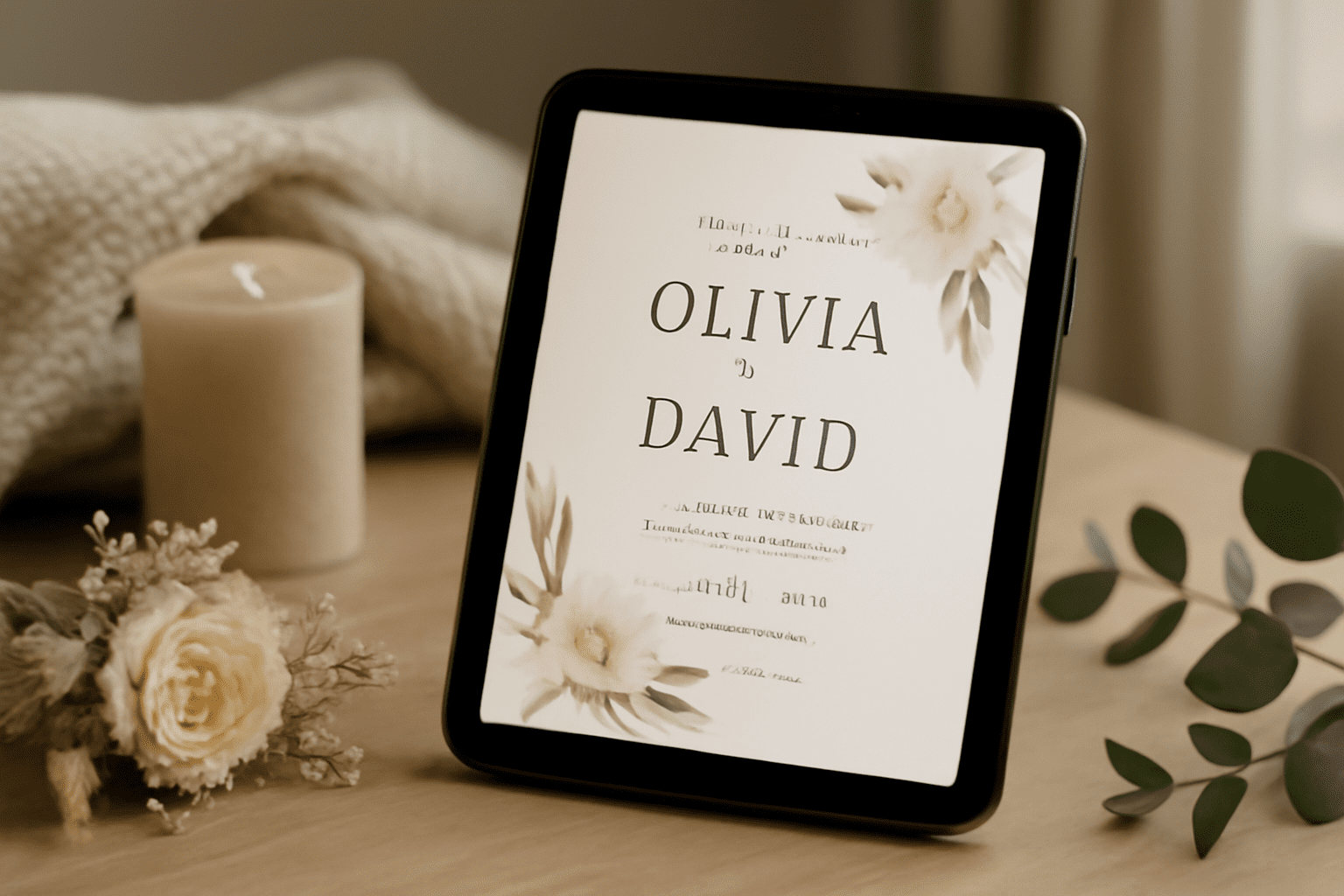 Une invitation de mariage digitale moderne affichée sur une tablette élégante entourée d'éléments de décoration de mariage dans un cadre domestique chaleureux.