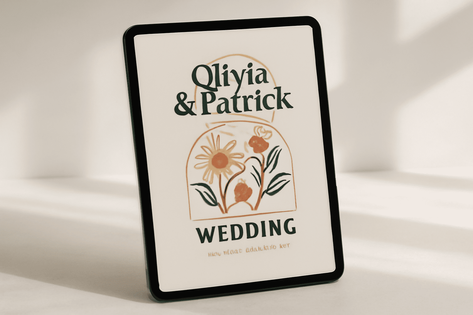 Image éditoriale montrant un design de faire-part de mariage digital moderne avec styles graphiques minimaliste, nature et rétro-chic, affiché sur un écran digital dans un environnement lumineux et neutre.