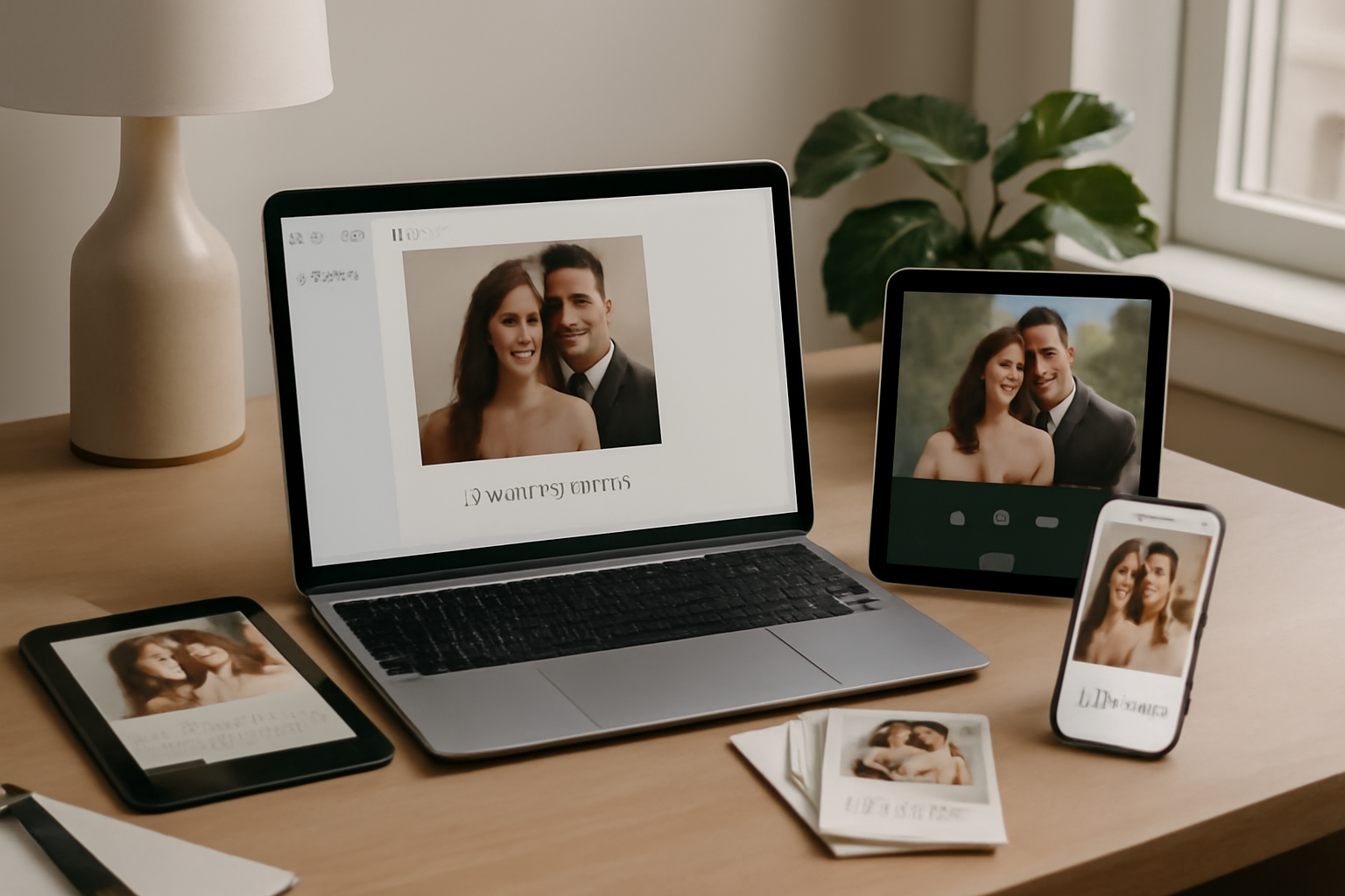 Image éditoriale représentant différents formats de faire-part digital de mariage montrés sur divers appareils électroniques dans un cadre moderne.