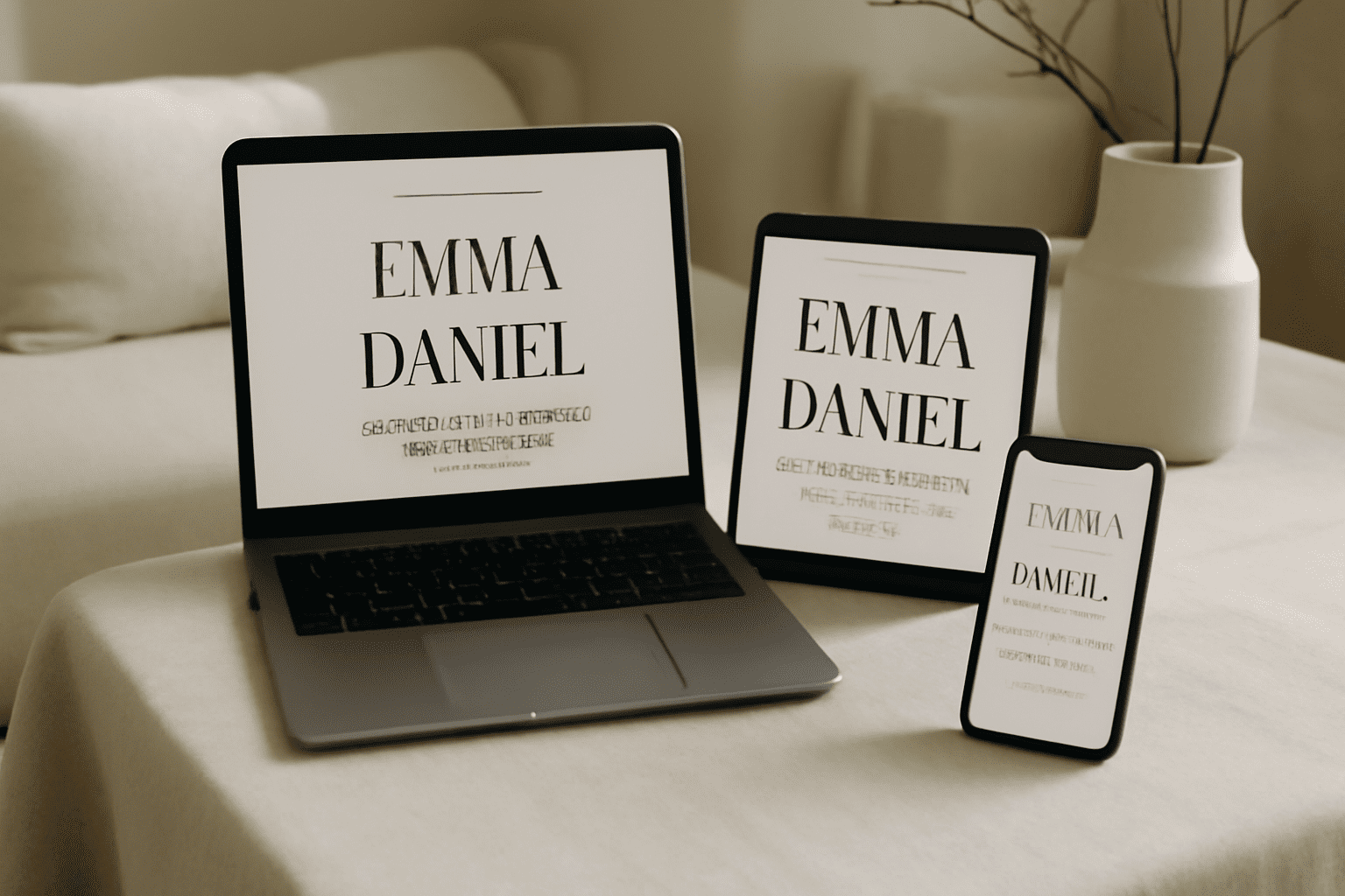 Faire-part de mariage digital 2025 sur différents appareils électroniques dans un cadre élégant.