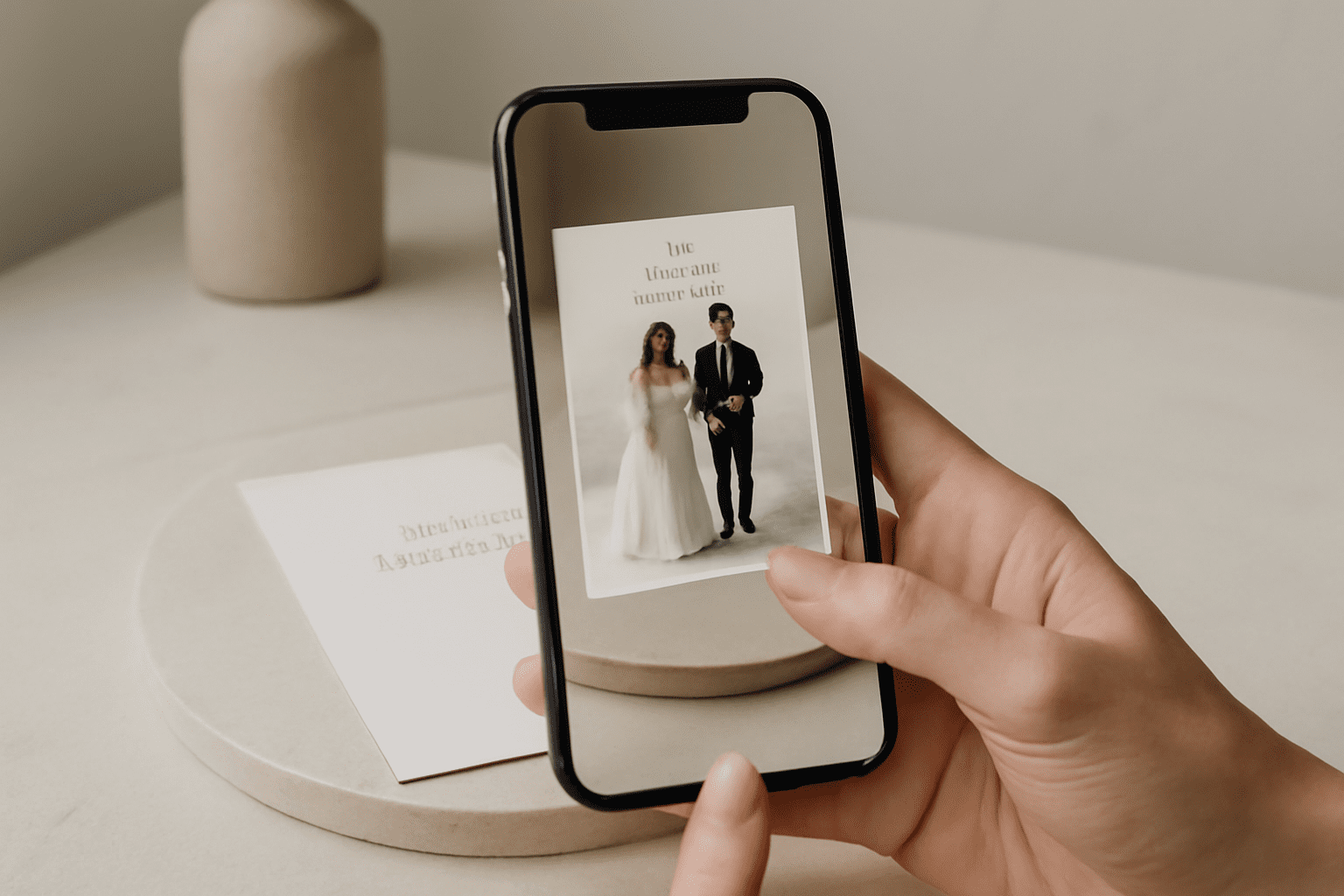 Image éditoriale d'un faire-part de mariage digital intégrant une animation en réalité augmentée et un design minimaliste, dans un cadre moderne.