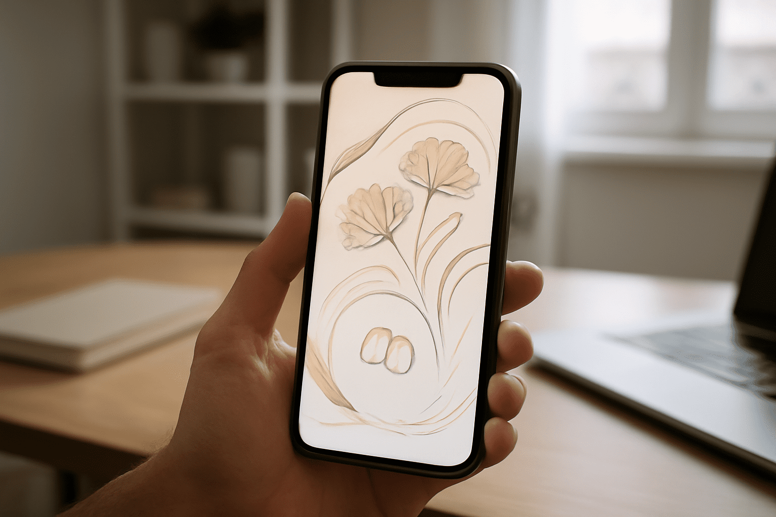 Image éditoriale montrant un faire-part de mariage digital animé sur l'écran d'un smartphone dans un cadre moderne et neutre.